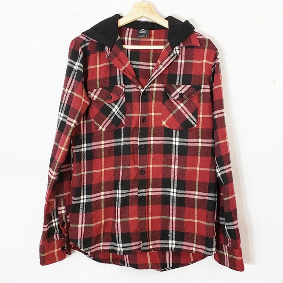 Fly Society Other - Fly Society Plaid Button Down Shirt with Hood Sz L